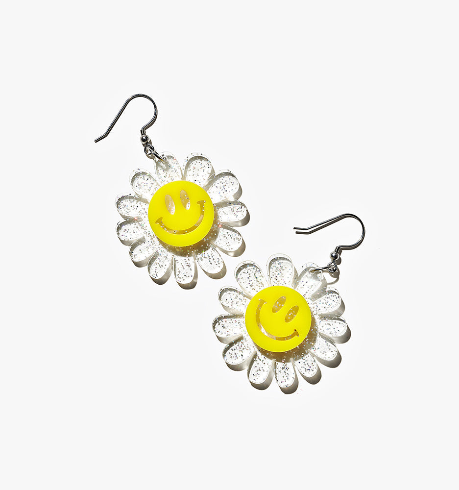 Clear Smiley Daisy Drops, acrylic earrings, Clear